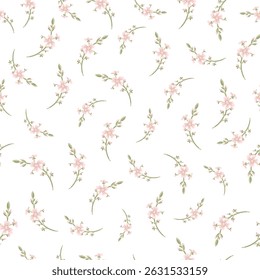 Cute floral vintage print of pink small sakura roses flower bloom branch with green leaves, ditsy and pretty simple vibe. Seamless pattern for girl and woman dress, fashion fabric textile