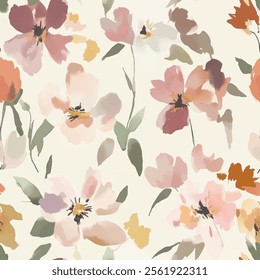 Cute floral watercolor seamless pattern with cream watercolor background. Flower vector illustration. Watercolor print in rustic vintage style, textile or wallpapers.