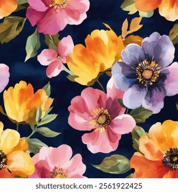 Cute floral watercolor seamless pattern with black watercolor background. Flower vector illustration. Watercolor print in rustic vintage style, textile or wallpapers.