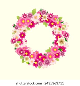 Cute floral wreath. 3D style design. Blank background. Door decoration concept. Round frame with pink flowers and green leaves. Set of vector flowers. Greeting card template. Postcard element.