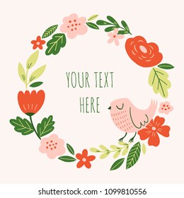 Cute floral wreath with bird. Flowers, leaves and bird round frame, border. Vector design element.