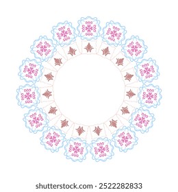 Cute floral wreath. Blank background. Door decoration concept. Round frame with pink and blue flowers. Set of vector flowers.