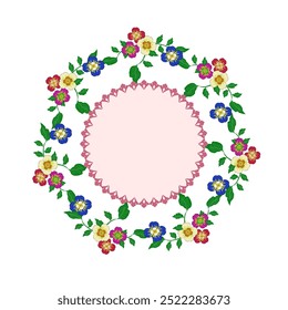 Cute floral wreath. Blank background. Door decoration concept. Round frame with blue, pink, and yellow flowers and green leaves. Set of vector flowers.