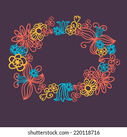 Cute floral wreath. Design for birthday card or wedding invitation. Vintage style.