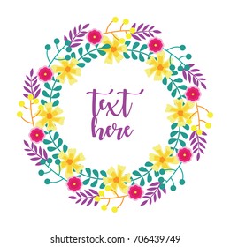 Cute floral wreath design for wedding invitation. Romantic floral postcard and greeting card design