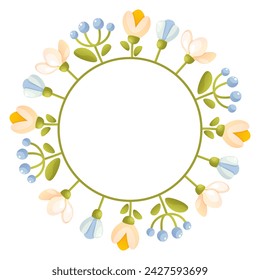Cute floral wreath with different flowers on the stem, leaves, space for text. 