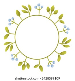 Cute floral wreath with different flowers on the stem, leaves, space for text. 