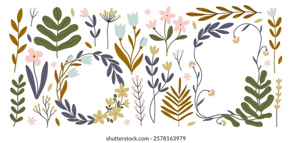 Cute floral wreath, flower blooms, plant leaves elegant wedding decorative elements set for greeting cards and invitation leaflets design. Spring summer blossoms botanical bundle vector illustration