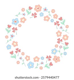 A cute floral wreath frame with pastel-colored flowers and hearts