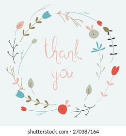 Cute floral wreath with small flowers in cartoon style. Thank you card.