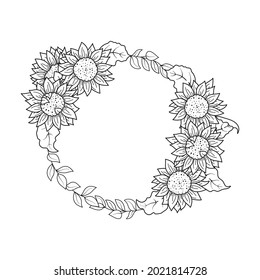 Cute floral wreath with sunflowers and plants. Line objects isolated on white background. Hand drawn vector round frame for your design greeting card, banner, holiday poster, season invite, flyer.