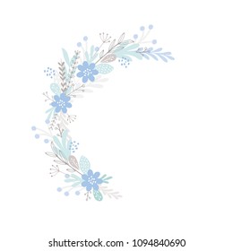 Cute Floral Wreath Vector Illustration. Infantile Style Semi Circle Floral Garland Isolated on a White Background. Delicate Blooming Wreath Made of Pastel Blue Flowers, Leaves and Grey Twigs. 