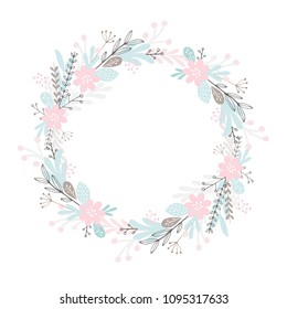 Cute Floral Wreath Vector Illustration. Infantile Style Round Shape Floral Garland Isolated on a White Background. Delicate Blooming Wreath Made of Pastel Pink Flowers, Blue Leaves and Grey Twigs. 