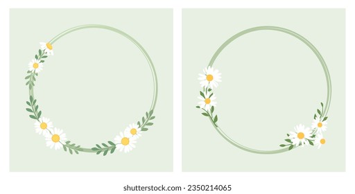 Cute floral wreaths with daisy flower and green leaves on green background vector illustration. 