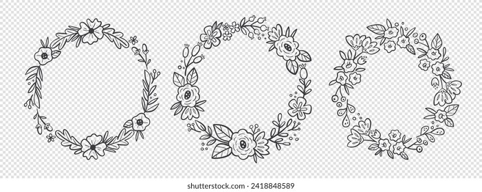 Cute floral wreaths. Hand drawn botanical vector illustration. For greeting cards, wedding invitations, label design... Black and white floral decorative frames.