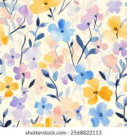 Cute florals watercolor seamless pattern with  watercolor background. Flower vector illustration. Watercolor print in rustic vintage style, textile or wallpapers.