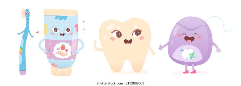 Barras, cepillo de dientes y pasta dental para limpiar la ilustración vectorial dental. Cartoon kawaii productos dentales y equipo, personajes alegres y divertidos aislados en blanco. Atención de la salud, concepto de higiene bucal