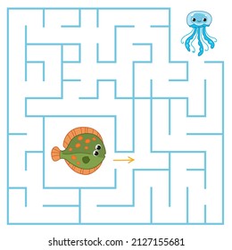 Cute flounder fish is looking for a way through the maze to the blue jellyfish. Find a way out of the labyrinth. Educational game for children. Cartoon vector illustration, color clipart