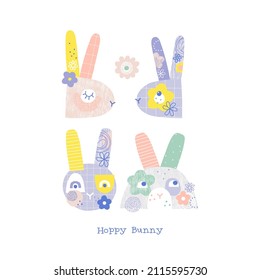 Cute flourish bunny heads vector illustration set isolated on white. Happy Bunny phrase. Whimsical Easter print for holiday postcard design.