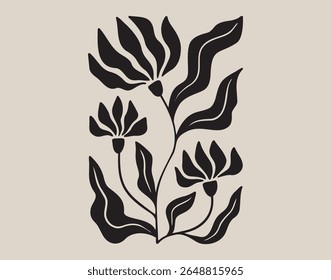Cartaz abstrato floral bonito estilo Matisse monocromático. Cartaz de modelo de design moderno. Ilustração vetorial