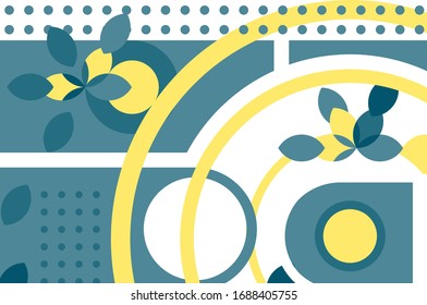 Cute flower abstraction vector illustration. Blossoms, geometrical lines, figures and dots flat style concept. Conceptual floral background in blue, yellow and white colours