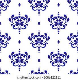 cute flower background, blue and white pattern seamless for design, porcelain, chinaware, ceramic, tile, ceiling, texture, wallpaper, floor and wall, vector illustration