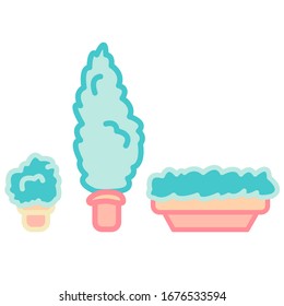 Cute flower bed sticker set on white isolated backdrop. Thuja icon for florist shop logo, website icon, bath tile or bed linen. Phone case or cloth print. Minimal style stock vector illustration