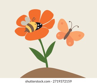 Süße Blume mit Biene und Schmetterling im flachen Stil. Perfekt für Frühlingsdesigns, Kinderprojekte, Kindergartenkunst