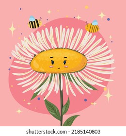 Cute flower with bees. Summer, spring illustration. Hand drawn illustration in flat cartoon style. For prints, cards, posters. 