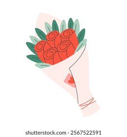 Cute flower bouquet with card. Perfect for celebration Valentine Day, love couple, romantic gift. Vector illustration in flat style