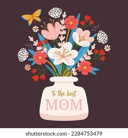 Cute flower bouquet in vase for Mother's day holiday. Childish print for greeting card and background. Vector illustration
