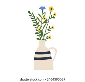 Cute flower bouquet vase. Wildflower bunch in modern ceramic pitcher. Spring summer garden flower vase. Cute flowerpot meadow home decor. Vector illustration in flat cartoon style