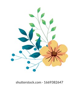 cute flower with branches and leafs vector illustration design