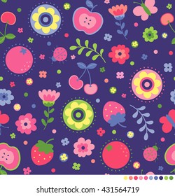 Cute flower, butterfly, ladybug, cherry, strawberry and orange seamless vector pattern