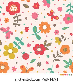 Cute flower, butterfly and ladybug pattern background