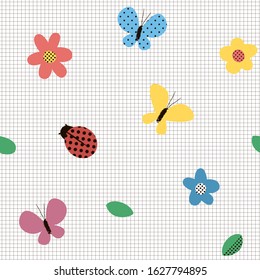 Cute flower and butterfly pattern background with squares texture background. Doodle sketchy style. Gardening theme