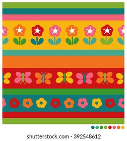 Cute flower and butterfly seamless vector pattern on colorful stripe background