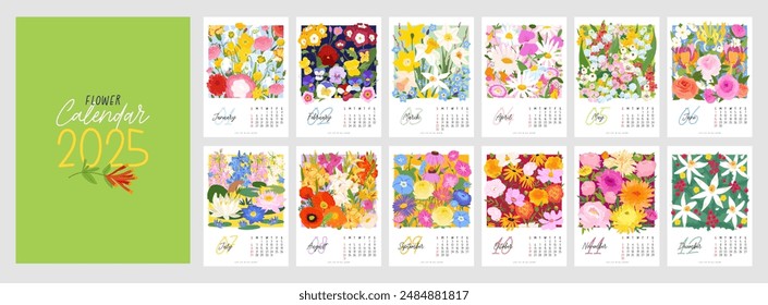 Cute Flower calendar for 2025. Vertical monthly with vector illustrations of colorful flowers and leaves. Page template A4, set of 12 months with cover. Week starts on Sunday