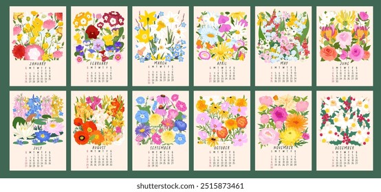 Calendário bonito de flores para 2025. Vertical mensal com ilustrações vetoriais de flores e folhas coloridas. Modelo de página A4, conjunto de 12 meses com capa. A semana começa no domingo