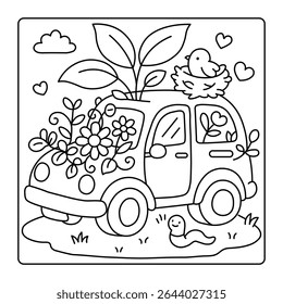 Página de coloração de carro de flor bonito - Cena de natureza acolhedora com pássaro, plantas e verme