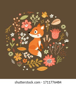 Cute flower card with fox and bird.