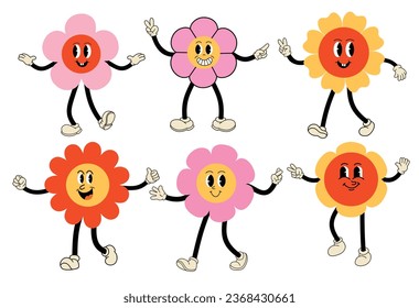 Juego de personajes de dibujos animados de flores mullidas. 