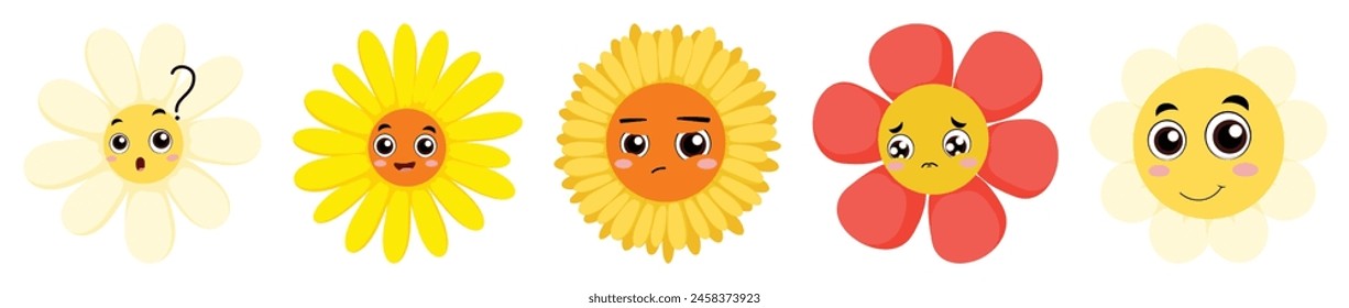 Cute flower cartoon characters with different expression