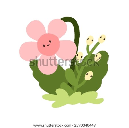 Cute flower character with happy smiling face, floral head. Fairytale nature, fiction plant. Spring fairy tale daisy. Whimsical fantasy, kids flat vector illustration isolated on white background