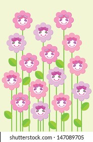 Cute flower characters. Smiling flowers background. Vector illustration.