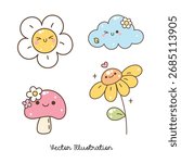 Cute Flower and Cloud Clipart Set, Kawaii Mushroom Sunflower Illustration, Pastel Nature Elements, Adorable Digital Art