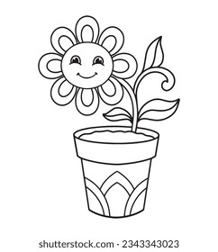 Cute flower coloring page, kawaii flower coloring page for kids, Easy flower coloring book illustration,