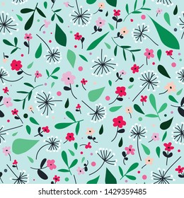 Cute flower and dandelion simple minimalistic seamless pattern graphic design for paper, textile print. Floral background with hand drawn flowers and leaves.