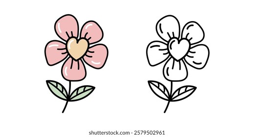Cute flower doodle flat  and outline illustration with heart-shaped center

