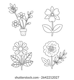 Cute flower doodles coloring page. Hand-drawn floral vector outlines for kids crafts and coloring books.